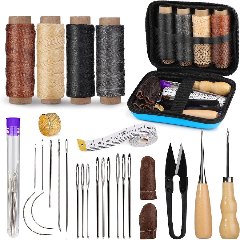 Leatherwork Tool Kit - BUDDUR หนังเย็บชุดเครื่องมือด้ายและเข็ม Awl Professional DIY หนัง